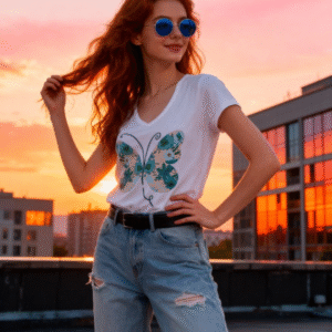 **Descripción del Producto:** Eleva tu estilo con nuestra blusa con diseño de mariposa. Fabricada en un suave tejido de algodón, esta blusa presenta un escote en V y un corte relajado que proporciona comodidad y frescura. El atractivo estampado floral de la mariposa le da un toque vibrante y alegre, perfecta para el uso diario o salidas casuales. Combínala con tus jeans favoritos y unos zapatos cómodos para un look desenfadado y trendy. Ideal para cualquier ocasión, esta blusa es un must-have en tu armario. Disponibilidad en varias tallas. ¡Atrévete a brillar!