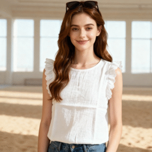 **Descripción del Producto:** Descubre nuestra blusa de verano, una prenda versátil y elegante que no puede faltar en tu guardarropa. Confeccionada en un suave tejido blanco, esta blusa presenta un diseño moderno con delicadas mangas de volantes que aportan un toque femenino. Su corte relajado y ligero la convierte en la opción perfecta para esos días calurosos, ideal para combinar con jeans o shorts. Perfecta para un look casual y chic, esta blusa es ideal para cualquier ocasión, desde salidas diarias hasta eventos más formales. Añade un toque de frescura y estilo a tu outfit con esta hermosa blusa.