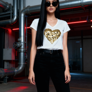 **Descripción del Producto:** Esta blusa blanca con un elegante diseño de corazón en lentejuelas doradas es la opción perfecta para añadir un toque divertido y brillante a tu guardarropa. Con un corte clásico y un escote en V, esta prenda combina comodidad y estilo. Su material suave y ligero garantizará que te sientas fresca durante todo el día, mientras que el detalle en lentejuelas te hará destacar en cualquier ocasión. Ideal para combinar con tus jeans favoritos o una falda de mezclilla, esta blusa es versátil y adecuada para salidas casuales o eventos especiales. ¡No te la pierdas!