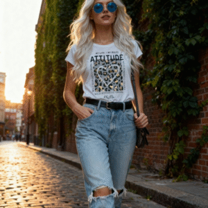 **Descripción del Producto:** Descubre nuestra blusa de algodón de corte clásico, una prenda versátil y cómoda que no puede faltar en tu armario. Con un diseño audaz que incluye un gráfico de leopardo en tonos cálidos y un mensaje inspirador, esta blusa es perfecta para expresar tu personalidad. Su estilo casual te permite combinarla fácilmente con jeans, faldas o shorts, ideal para cualquier ocasión, desde una salida con amigos hasta un día de relax. La calidad del material asegura una sensación suave al tacto, mientras que su confección garantiza durabilidad. ¡Agrega un toque de actitud a tu look diario!