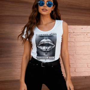 **Descripción del Producto:** Descubre la blusa ideal para expresar tu estilo único. Esta camiseta de corte clásico, en un fresco tono blanco, presenta un impactante diseño gráfico que captura la atención. La ilustración central, que combina un labio con detalles artísticos y un toque de misterio, invita a la reflexión. Con un ajuste cómodo y moderno, es perfecta para cualquier ocasión, ya sea un día casual o una salida con amigos. Los detalles del diseño, junto con el suave tejido, garantizan que te sientas tan bien como te ves. Combínala con jeans o una falda para un look que atraerá todas las miradas. ¡Hazla tuya y resalta tu creatividad!