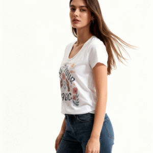 **Descripción del Producto:** Descubre nuestra blusa blanca con un diseño moderno y encantador que combina estilo y comodidad. Fabricada en un suave y ligero tejido, esta prenda presenta un escote en forma de "V" que realza la figura. La estampación colorida en el frontal, que incluye florales y un mensaje inspirador, añade un toque de alegría y personalidad. Ideal para un look casual, puedes combinarla fácilmente con jeans o faldas. Perfecta para cualquier ocasión, ya sea para un día de paseo o un encuentro con amigos. Dale un giro divertido a tu guardarropa con esta blusa imprescindible.